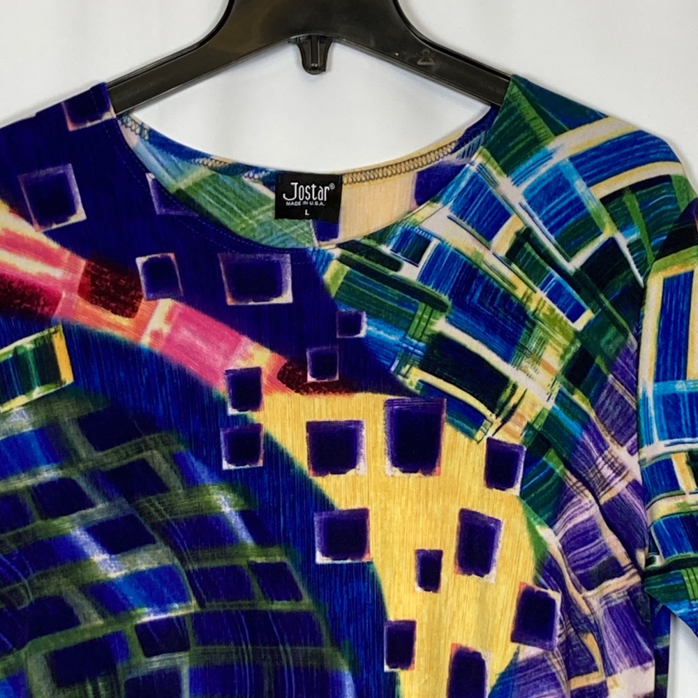 Jostar Short Sleeve Vibrant Multicolor Midi Swing A-line Dress Sz L Bold Bright - Picture 2 of 15